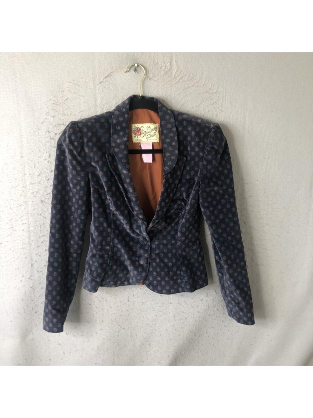 Vintage The Strawberry Plant Blazer Jacket Juniors 3-4 Blue Corduroy Paisley